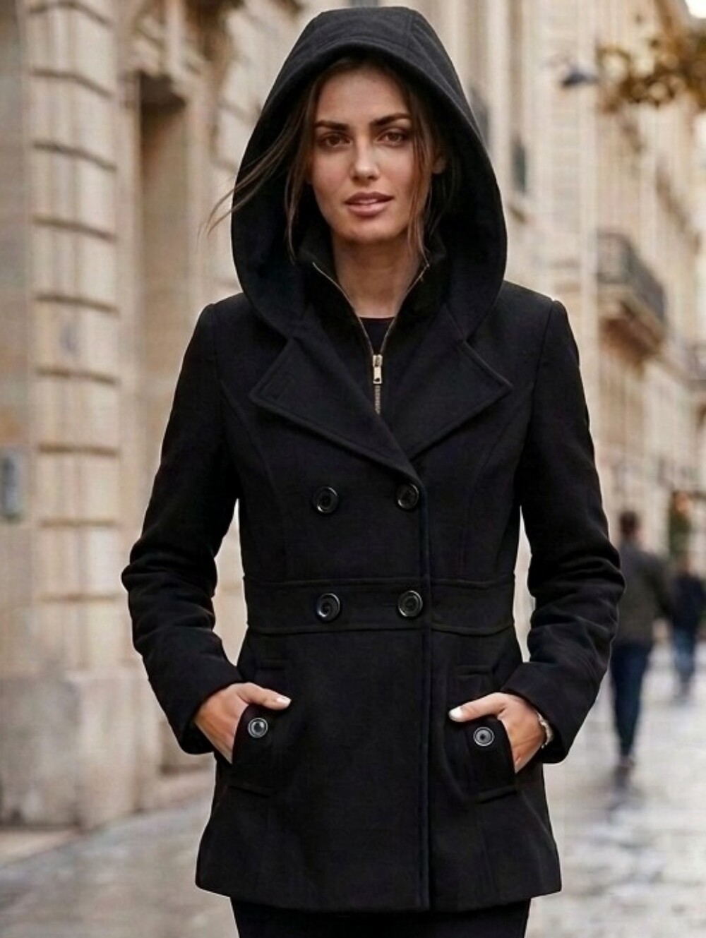 Metaphor Womens Black Hooded Double-Breasted Pea Coat Size S